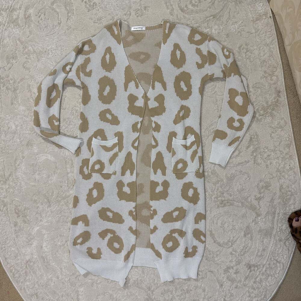Angashion Tan & Off White Animal Print Open Front LS Knit‎ Sweater